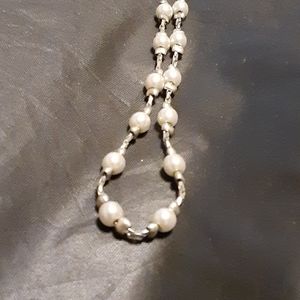 Simulated Pearl necklace on silver tube chain.